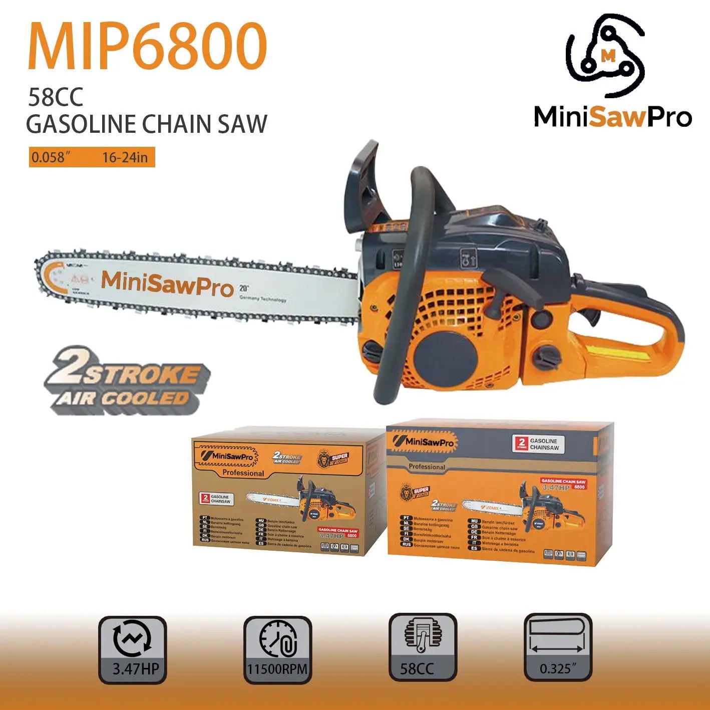 MIP6800 58cc gas chainsaw side view – heavy-duty professional tree cutting saw with powerful engine-minisawpro