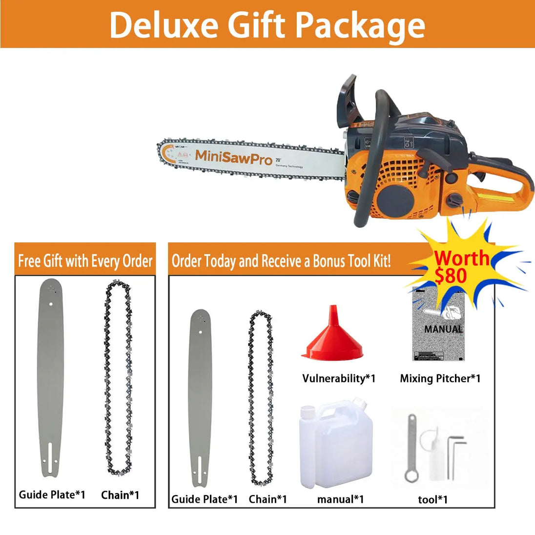 MIP6800 gas chainsaw detail view – 58cc heavy-duty engine for professional tree felling and cutting-minisawpro