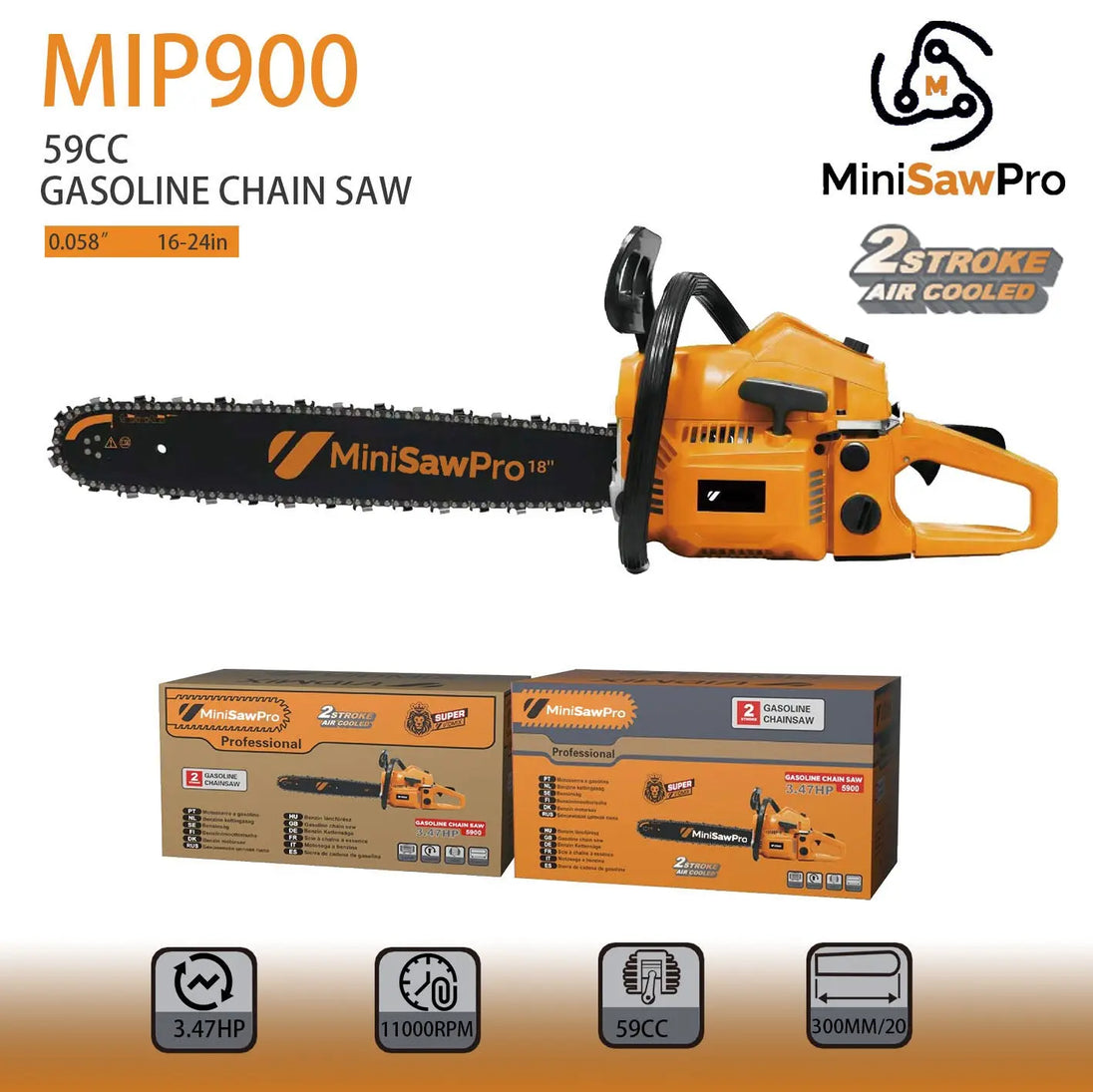 MIP900 Professional Gas Chainsaw – 59cc High Performance for Wood Cutting