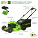 OPEN BOX 48V (24V x 2) 21" Cordless Battery Self-Propelled Mower 3PC Combo Kit: (2) 5.0Ah Batteries,(1) 2.0 Ah Battery,(1) Dual-Port Rapid Charger and (1) Charger greenworkstools