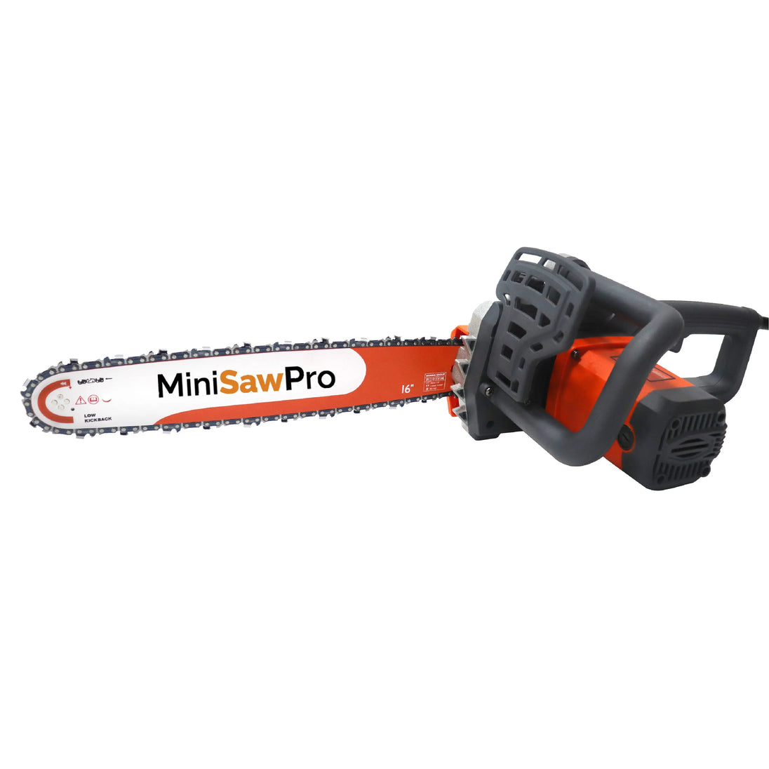 MiniSawPro S580E corded electric chainsaw side view – 58V 16-inch bar brushless motor compact home wood cutting saw