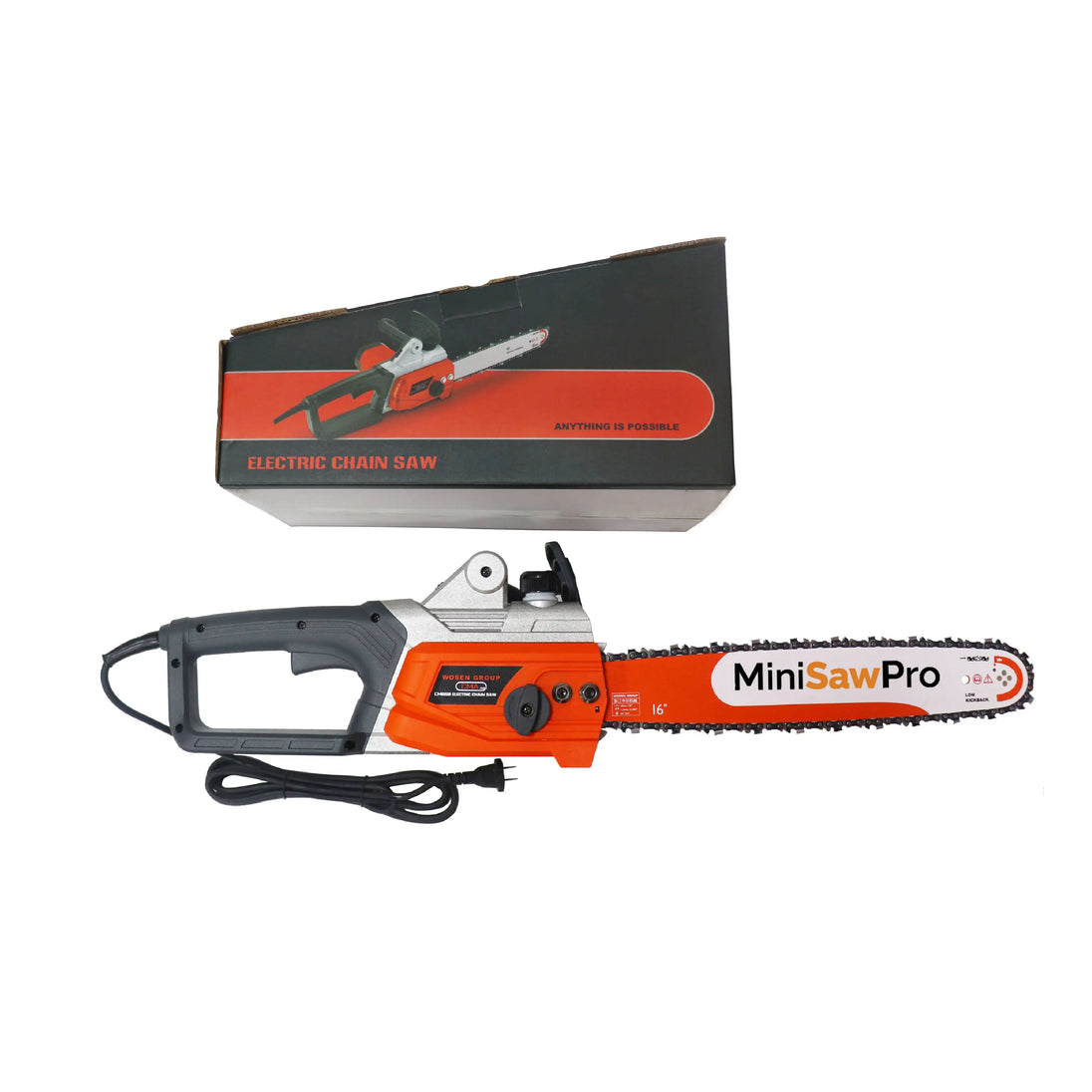 MiniSawPro S580E corded electric chainsaw detail view – 58V brushless motor compact 16-inch bar for home wood cutting
