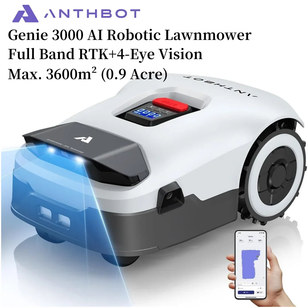 ANTHBOT Genie 3000 AI Wireless Robotic Lawnmower, Max. 3600m², Full Band RTK+4-Eye Vision Lawn Mower Robot, APP Control GameLoopX