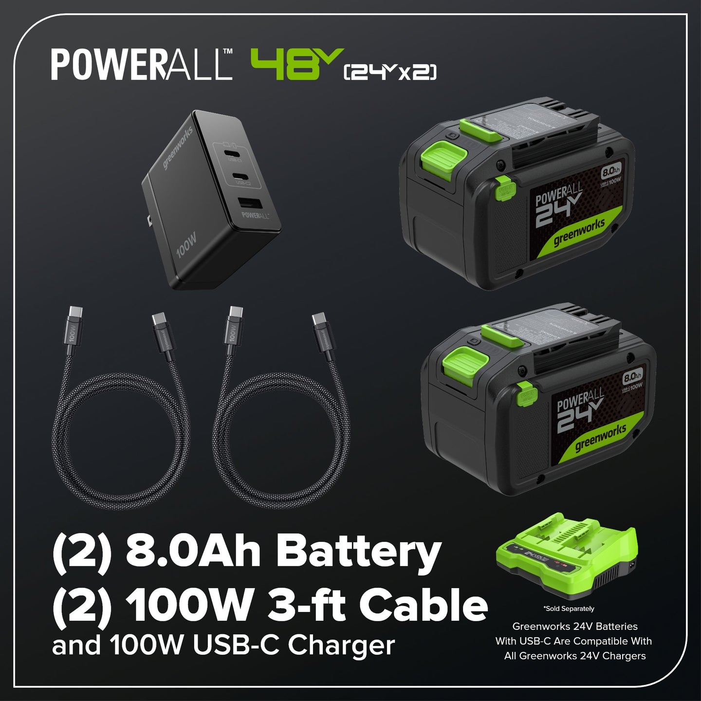 48V (24V x 2) 730 CFM Cordless Battery Dual-Port Backpack Blower: (2) 8.0 Ah Battery, 100W Charger and (2) 3-Ft Cables greenworkstools