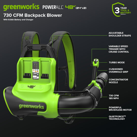 48V (24V x 2) 730 CFM Cordless Battery Dual-Port Backpack Blower: (2) 8.0 Ah Battery, 100W Charger and (2) 3-Ft Cables greenworkstools