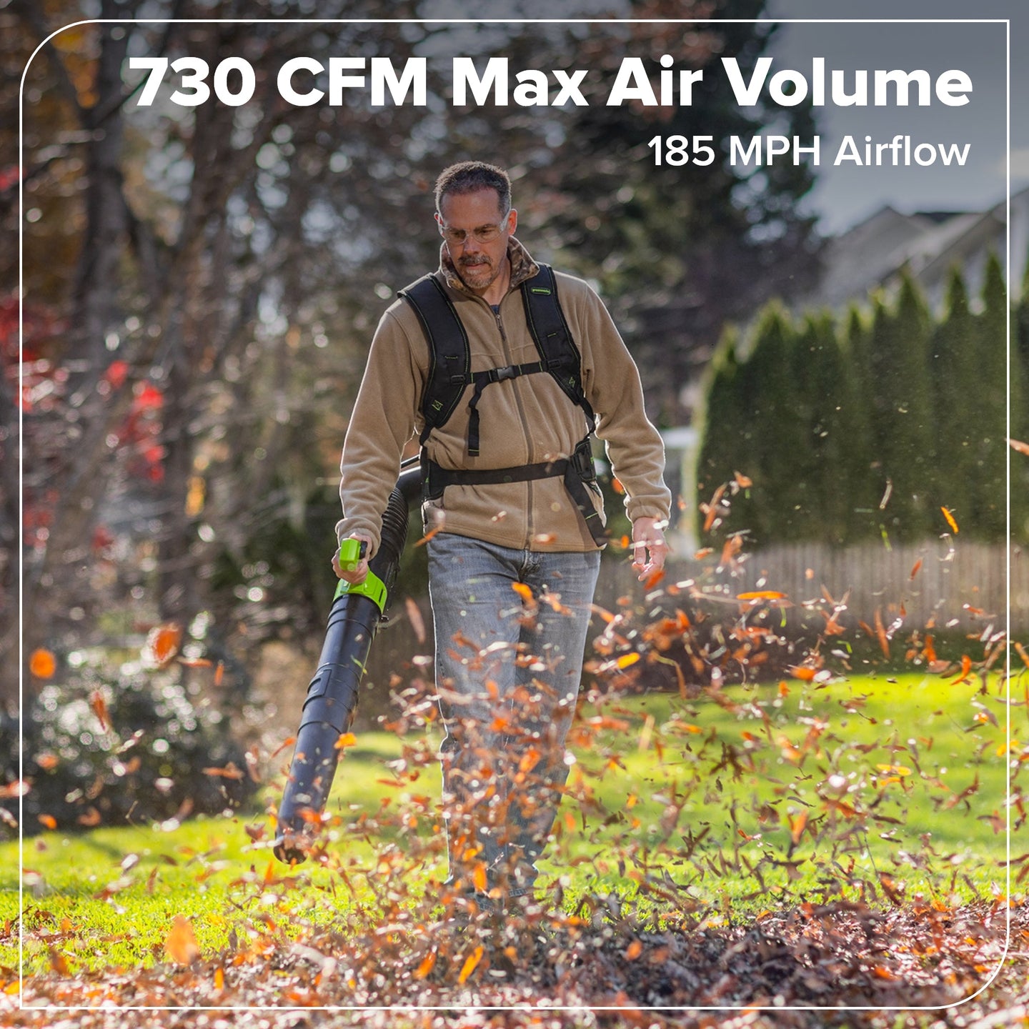 48V (24V x 2) 730 CFM Cordless Battery Dual-Port Backpack Blower: (2) 8.0 Ah Battery, 100W Charger and (2) 3-Ft Cables greenworkstools