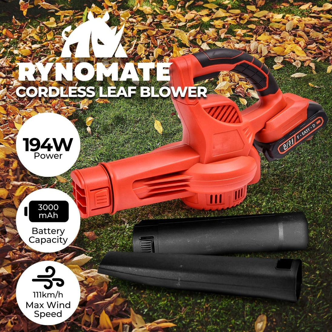 RYNOMATE 21V Cordless Leaf Blower with Lithium Battery and Charger Kit (Red and Black) RNM-LB-100-RTT Platinum Deals