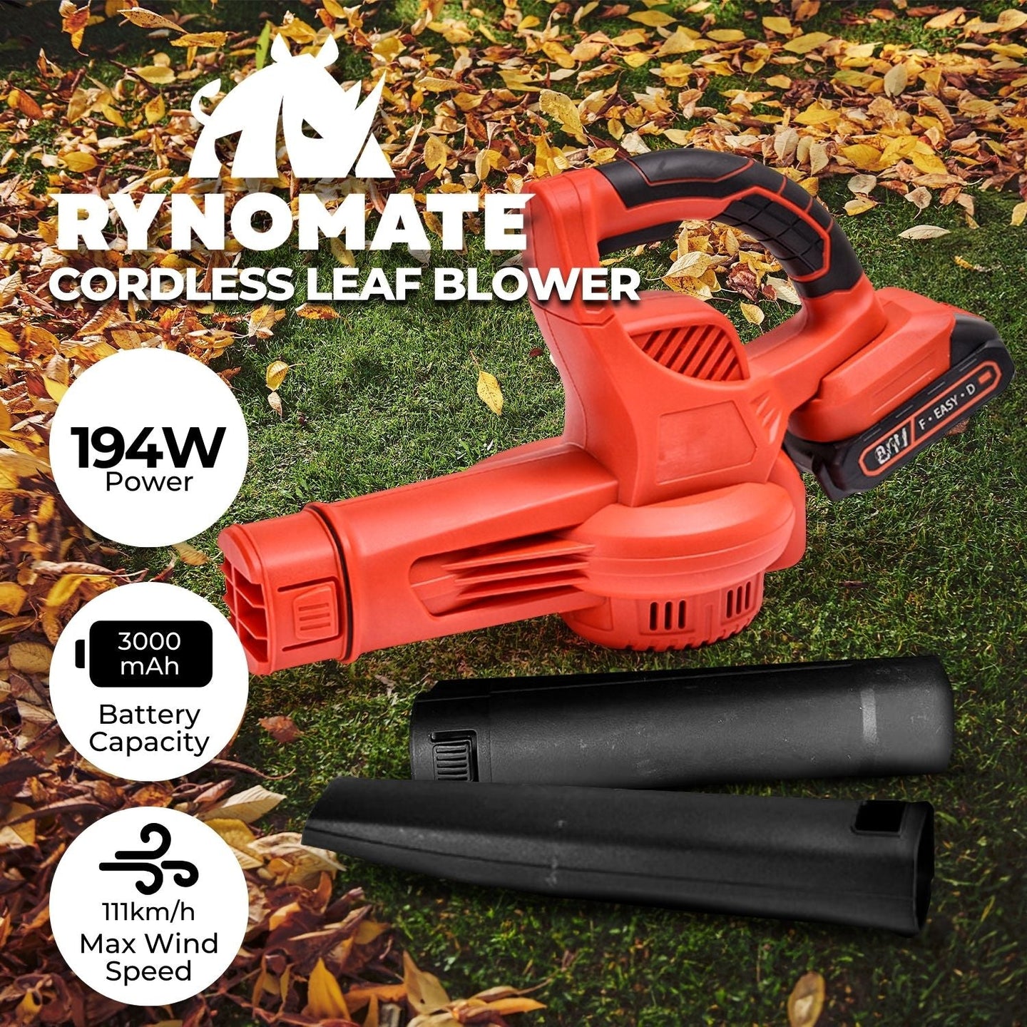 RYNOMATE 21V Cordless Leaf Blower with Lithium Battery and Charger Kit (Red and Black) RNM-LB-100-RTT Platinum Deals
