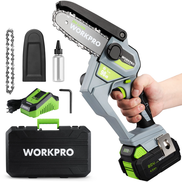 WORKPRO 20V Brushless Cordless Compact Chainsaw with 4.0Ah Battery and Replacement Chain WORKPRO