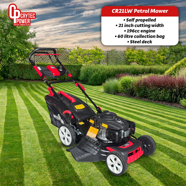 Crytec Petrol Lawn Mower | Self Propelled | 21 inch Cutting Width | 196cc | 60L Collection Bag | CR21LW Crytec