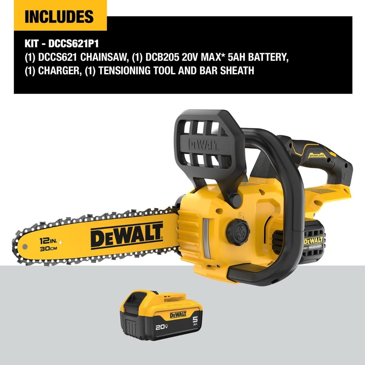 DeWalt DCCS621P1 20V MAX* Compact Brushless 12 in. Chainsaw 5.0Ah Kit DeWALT