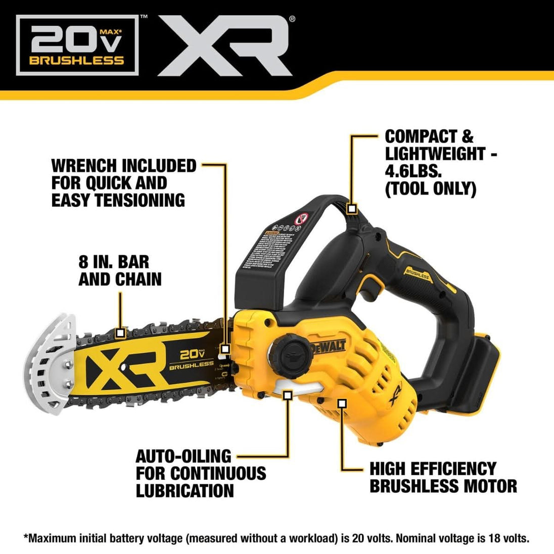 DeWalt DCCS623B 20V MAX XR Brushless 8 in. Chainsaw, Tool Only DeWALT