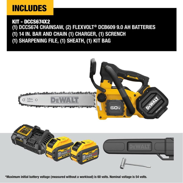 DeWalt DCCS674X2 FLEXVOLT 20V/60V MAX Brushless 14-in. Top Handle Chainsaw 9.0Ah Kit DeWALT