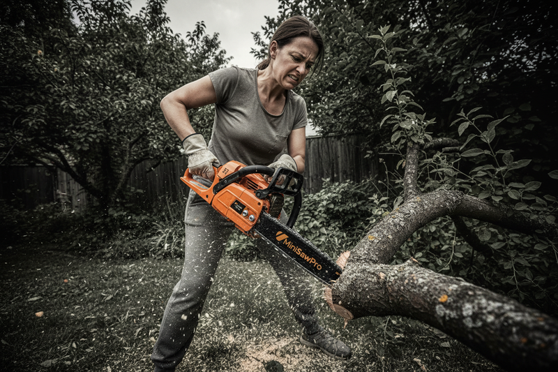 Heavy Gas Chainsaw - Woman Struggling