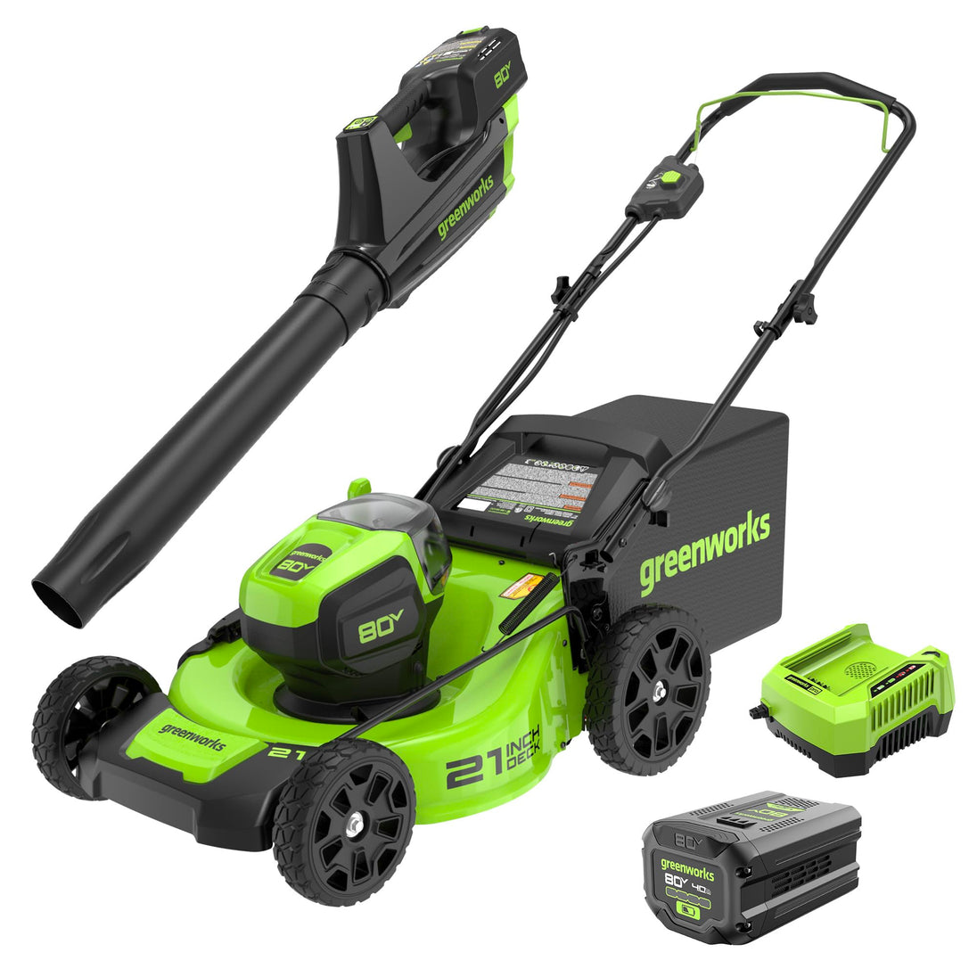 80V 21" Cordless Battery Brushless 3-in-1 Push Mower and 500CFM Axial Leaf Blower ,(2) 2.0 Ah Batteries and Rapid Charger greenworkstools