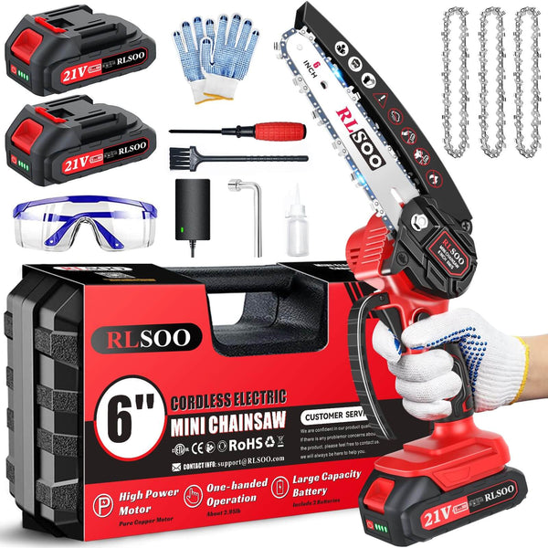 RLSOO 6-Inch Cordless Mini Chainsaw – High-Efficiency Electric Chainsaw, Lightweight and Portable, with 21V Rechargeable Batteries, 5 Safety Features, and One-Handed Operation RLSOO