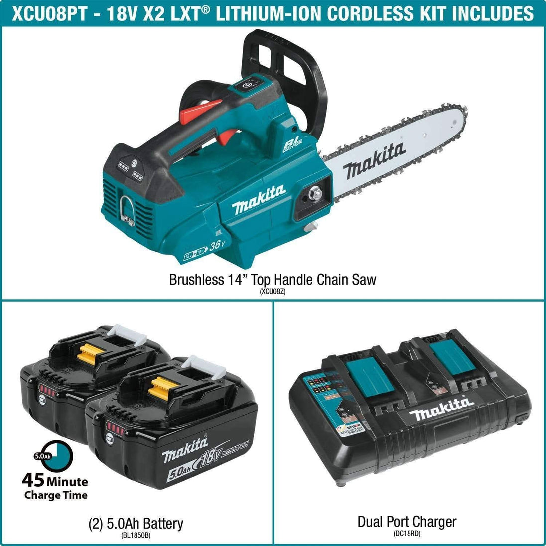 Makita XCU08PT 36V (18V X2) LXT Brushless 14" Top Handle Chain Saw Kit (5.0Ah) Makita