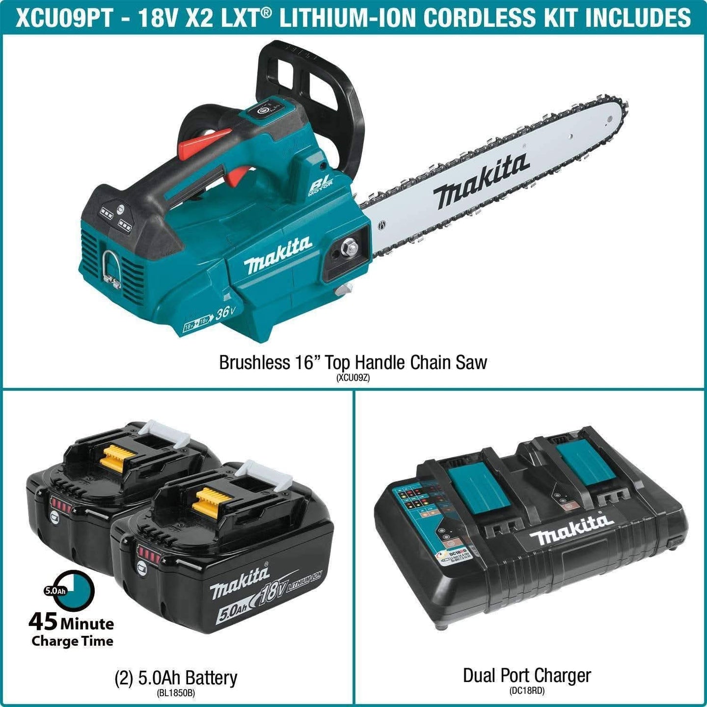 Makita XCU09PT 36V (18V X2) LXT Brushless 16" Top Handle Chain Saw Kit (5.0Ah) Makita