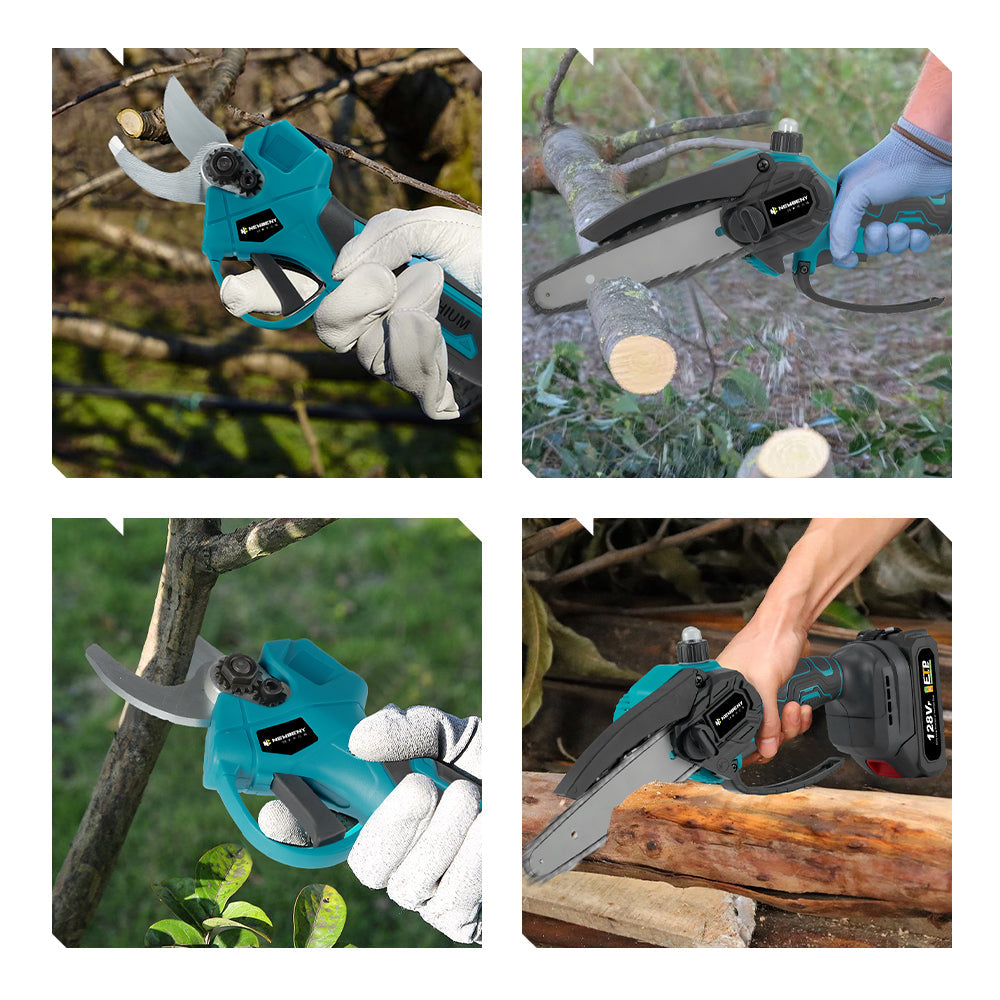 NewBeny Cordless 6" Chainsaw & 25mm Pruning Shears Combo Kit With 2 Batteries and Charger NEWBENY