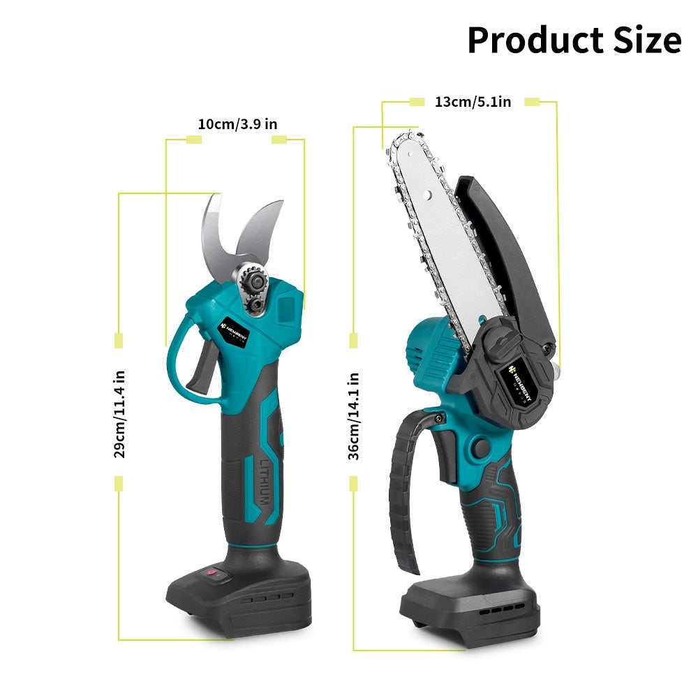 NewBeny Cordless 6" Chainsaw & 25mm Pruning Shears Combo Kit With 2 Batteries and Charger NEWBENY
