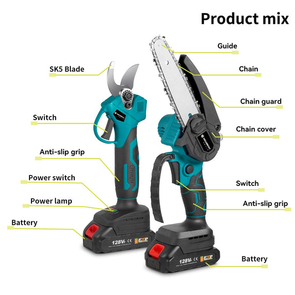 NewBeny Cordless 6" Chainsaw & 25mm Pruning Shears Combo Kit With 2 Batteries and Charger NEWBENY