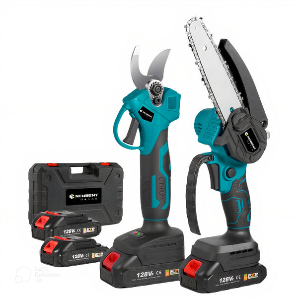 NewBeny Cordless 6" Chainsaw & 25mm Pruning Shears Combo Kit With 2 Batteries and Charger NEWBENY