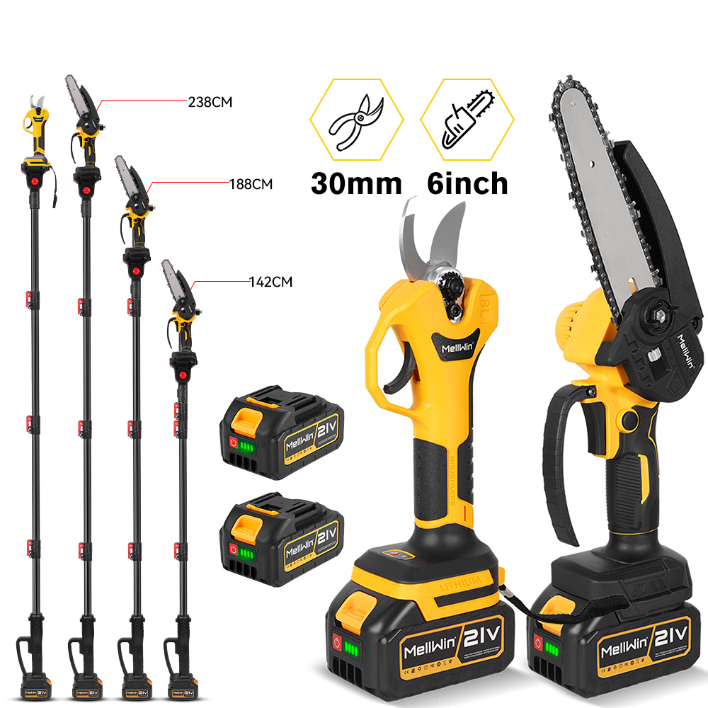 NewBeny Cordless 6" Chainsaw & 30mm Pruning Shears & 2m Telescoping Pole Combo Kit [2 batteries and a charger included] NEWBENY