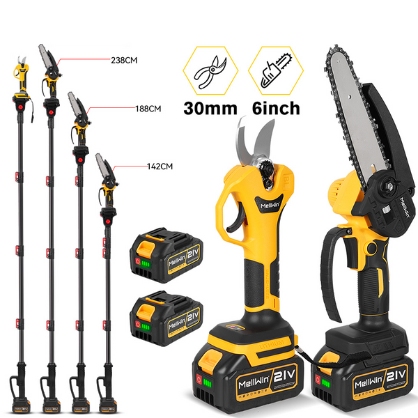 NewBeny Cordless 6" Chainsaw & 30mm Pruning Shears & 2m Telescoping Pole Combo Kit [2 batteries and a charger included] NEWBENY