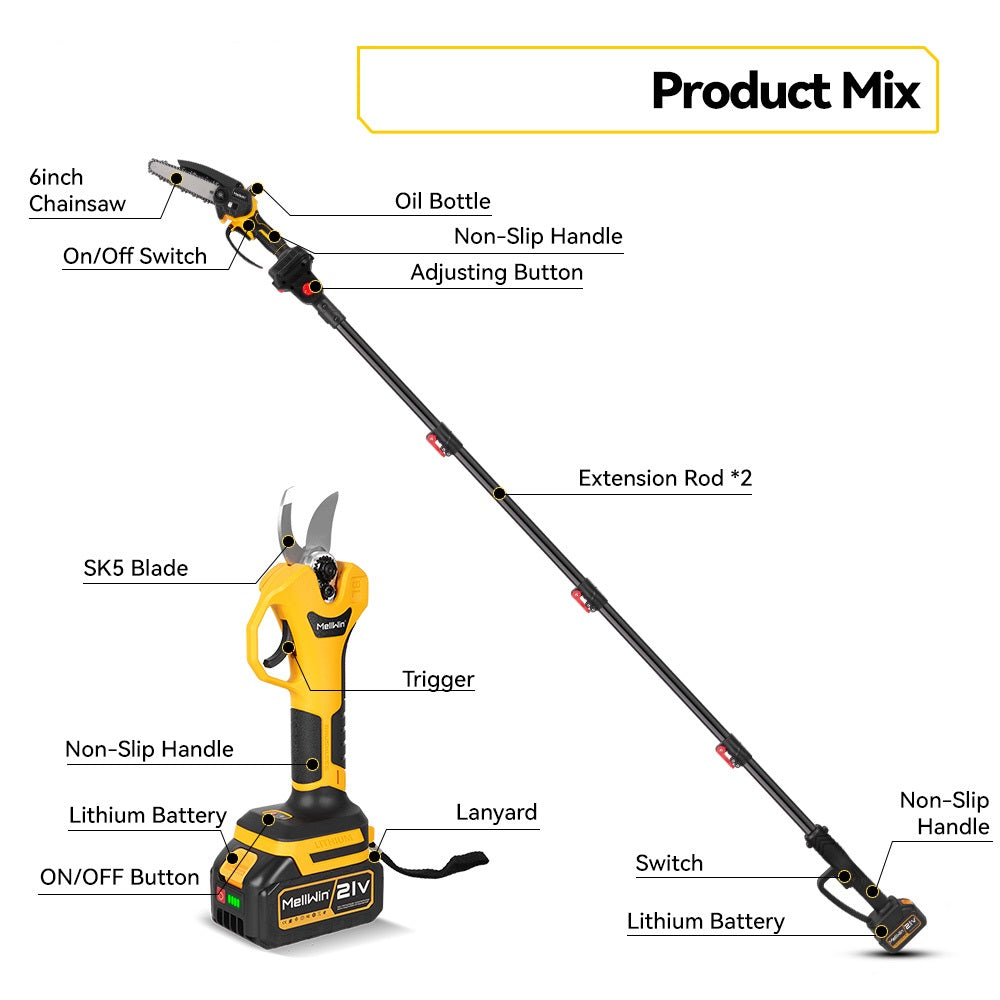 NewBeny Cordless 6" Chainsaw & 30mm Pruning Shears & 2m Telescoping Pole Combo Kit [2 batteries and a charger included] NEWBENY