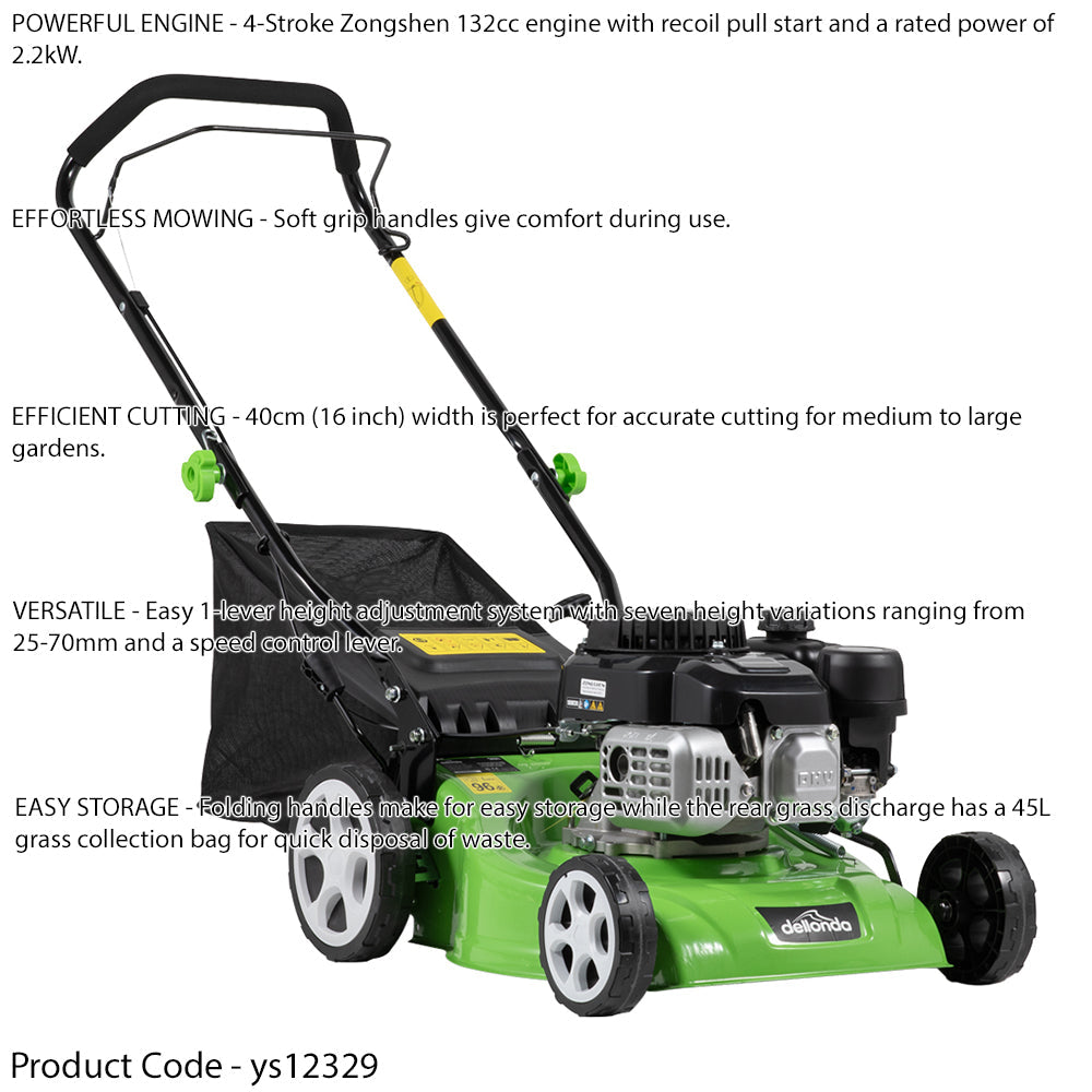 40cm 132cc 4-Stroke Petrol Lawnmower - Hand-Propelled Manual Grass Cutter Mower Loops