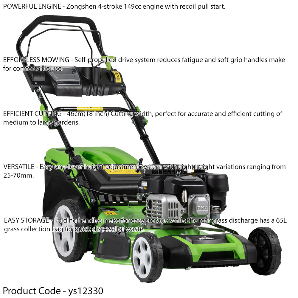 46cm 149cc 4-Stroke Petrol Lawnmower - Hand-Propelled Manual Grass Cutter Mower Loops
